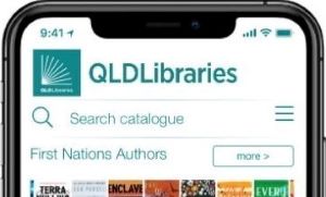Top half of mobile screen displaying QldLibraries app 